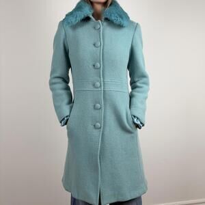 Marciano blue wool coat with rabbit fur collar.